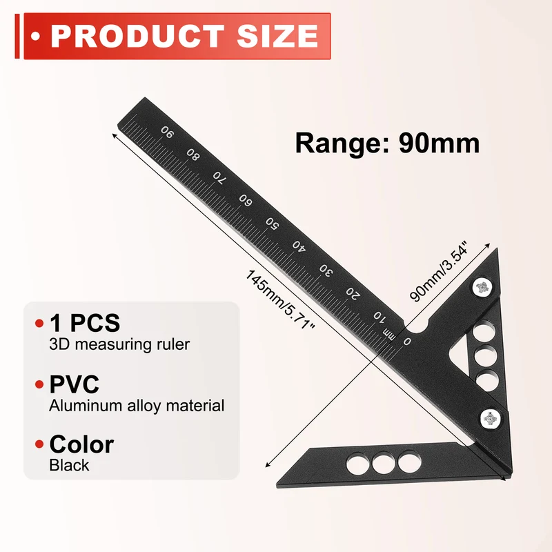 Metric 3D Measuring Ruler Woodworking Square Protractor, Black