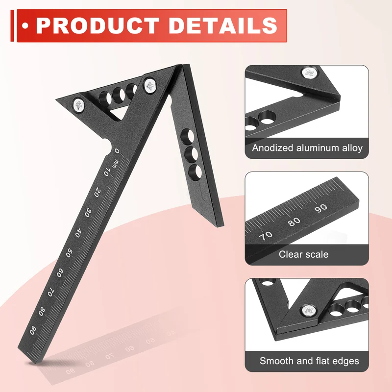 Metric 3D Measuring Ruler Woodworking Square Protractor, Black