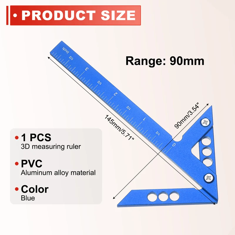 Imperial 3D Measuring Ruler Woodworking Square Protractor, Blue