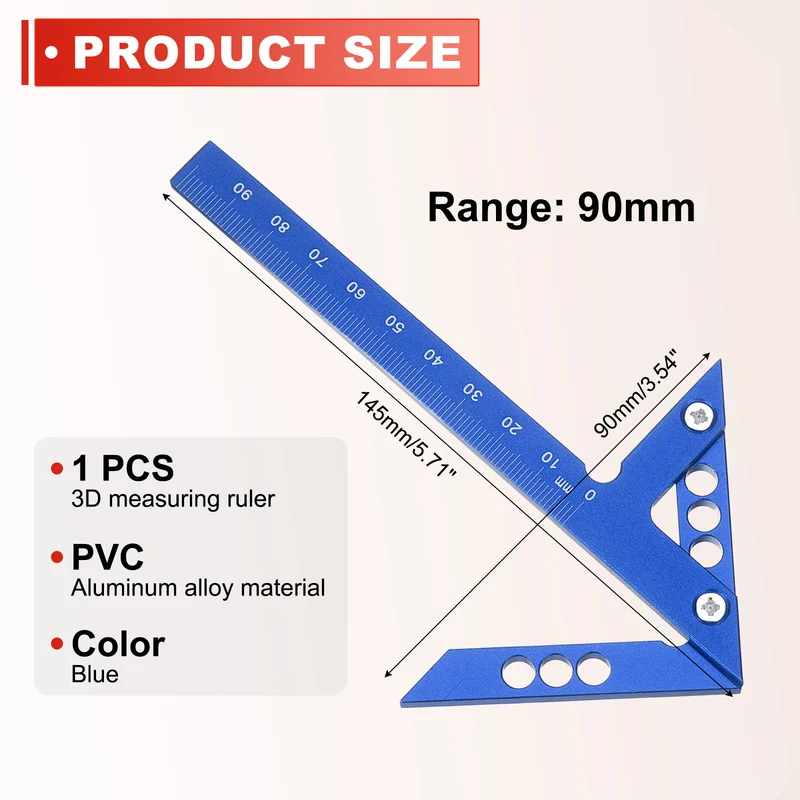Metric 3D Measuring Ruler Woodworking Square Protractor, Blue