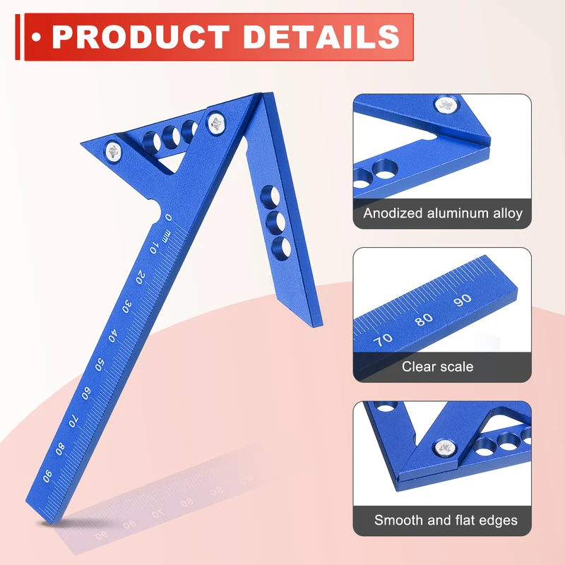 Metric 3D Measuring Ruler Woodworking Square Protractor, Blue