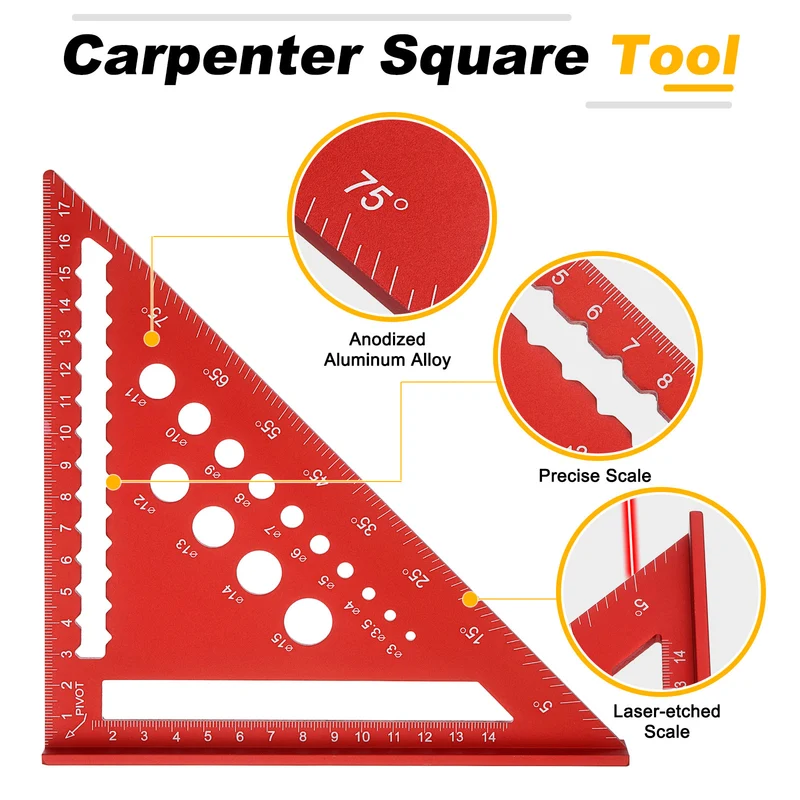 Metal Square Metric 7" Carpenter Square Tool Aluminum Rafter Square, Red