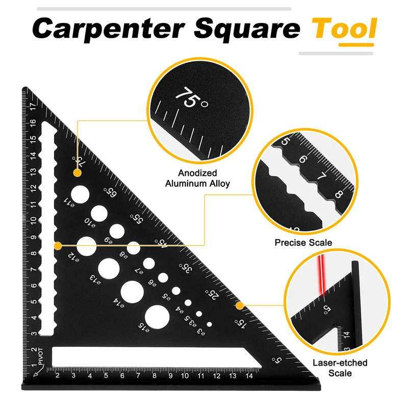Metal Square Metric 7" Carpenter Square Tool Aluminum Rafter Square, Black