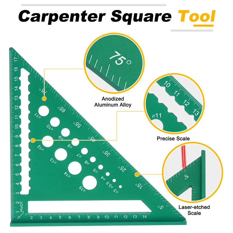 Metal Square 7" Carpenter Square Tool Aluminum Rafter Square, Green