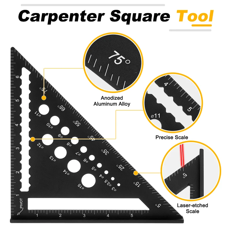 Metal Square Imperial 7" Carpenter Square Tool Aluminum Rafter Square, Black