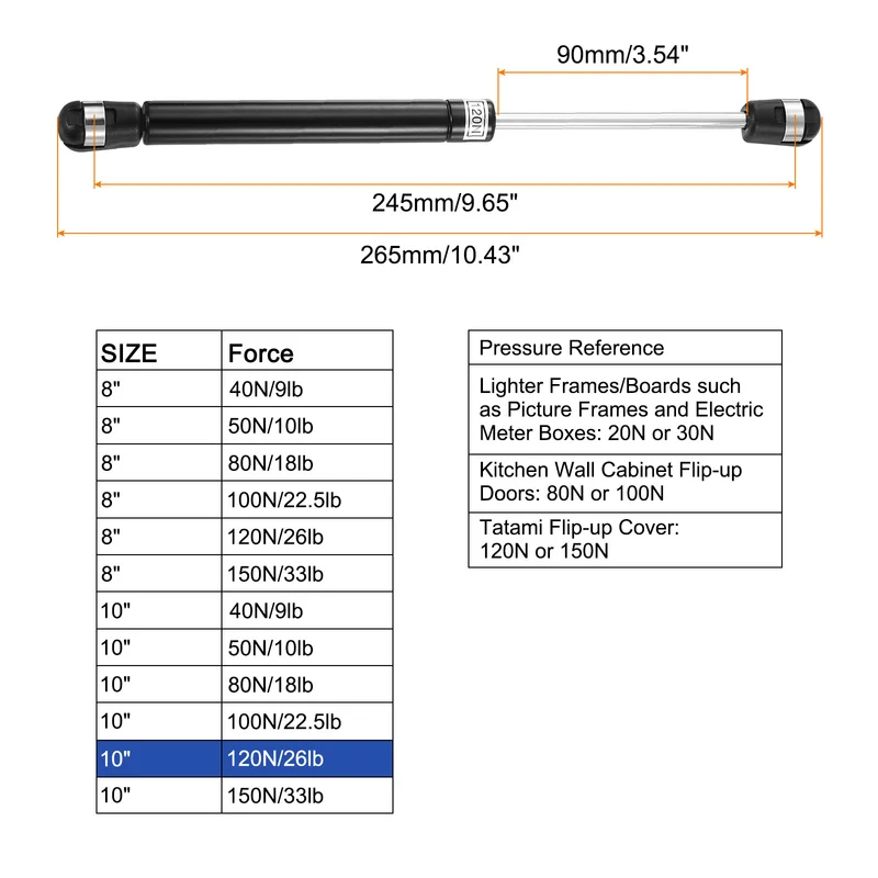 10 Inch 120N/26lb Gas Shock Strut Lift Support, (Black, Set of 4)