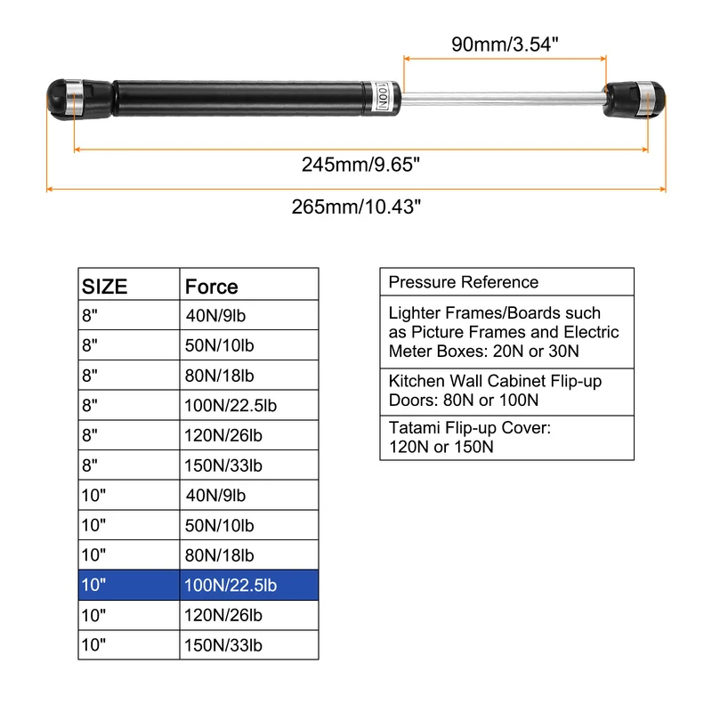 10 Inch 100N/22.5lb Gas Shock Strut Lift Support, (Black, Set of 6)