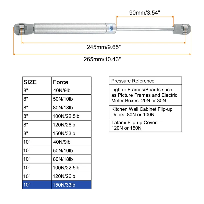 10 Inch 150N/33lb Gas Shock Strut Lift Support, (Silver, Set of 2)