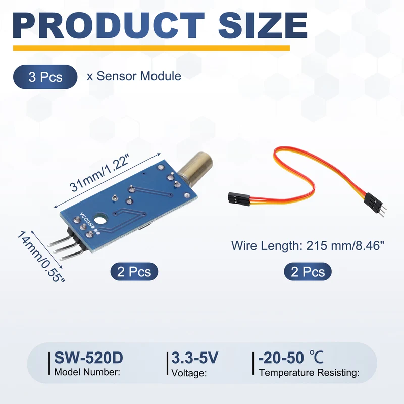 2 Pcs SW-520D Angle Sensor Module with Jump Wire, 3.3-5V Metal Ball Switch