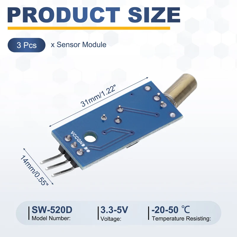 3 Pcs SW-520D Angle Sensor Module, 3.3-5V Metal Ball Switch Tilt Sensor