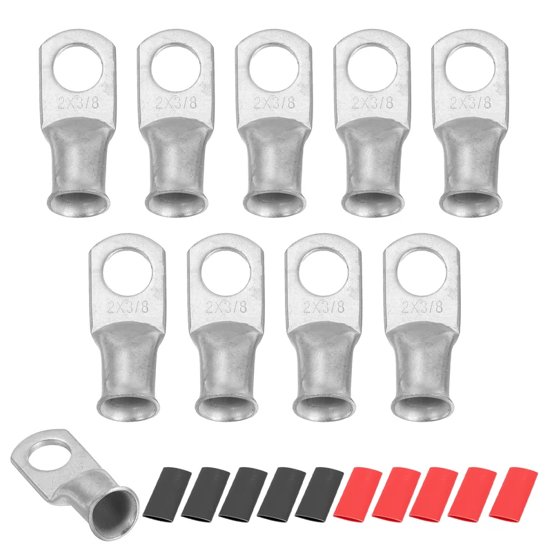 10 Pcs 3/8" Stud 2AWG Battery Lug Ring Terminal with 10pcs Heat Shrink, Silver