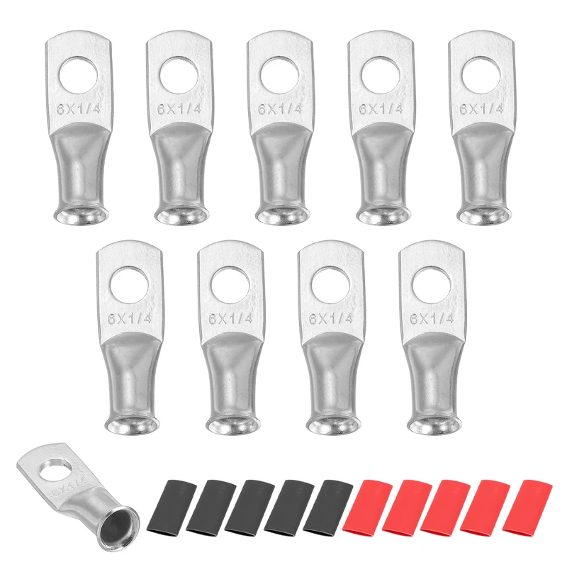 10 Pcs 1/4" Stud 6AWG Battery Lug Ring Terminal with 10pcs Heat Shrink, Silver