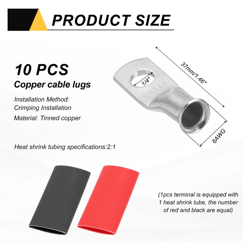 10 Pcs 1/4" Stud 6AWG Battery Lug Ring Terminal with 10pcs Heat Shrink, Silver