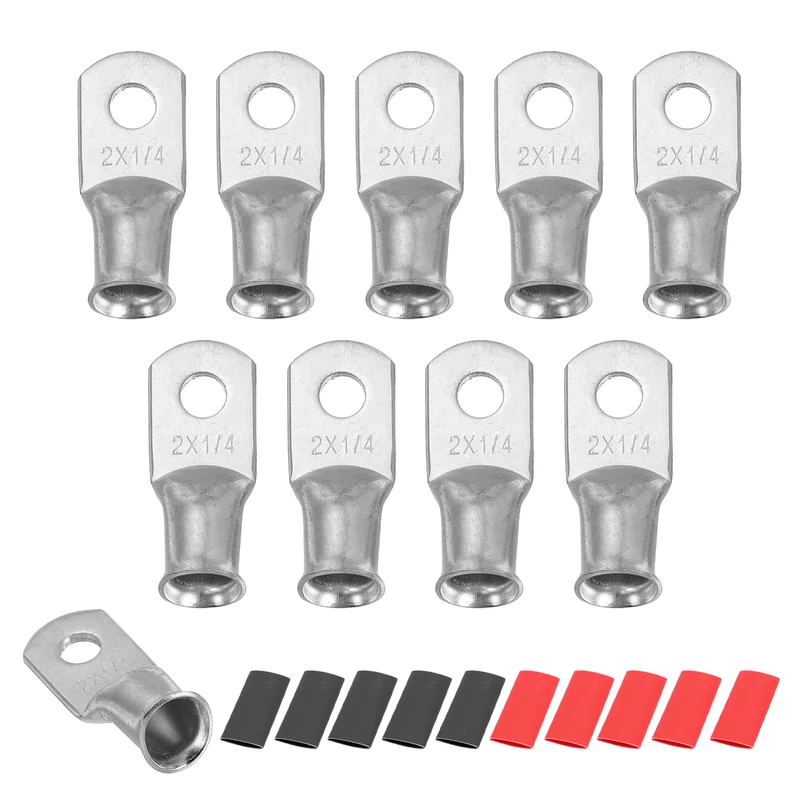 10 Pcs 1/4" Stud 2AWG Battery Lug Ring Terminal with 10pcs Heat Shrink, Silver