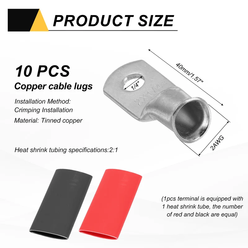 10 Pcs 1/4" Stud 2AWG Battery Lug Ring Terminal with 10pcs Heat Shrink, Silver