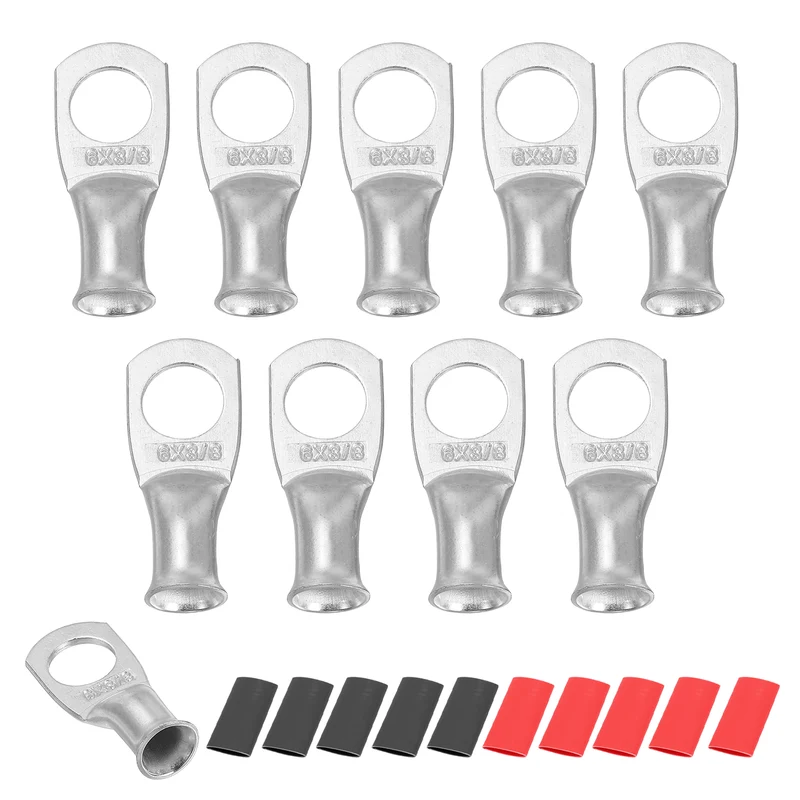 10 Pcs 3/8" Stud 6AWG Battery Lug Ring Terminal with 10pcs Heat Shrink, Silver