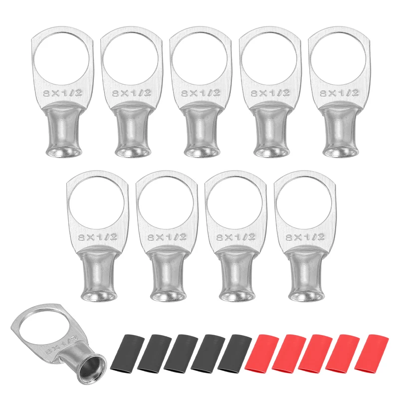 10 Pcs 1/2" Stud 8AWG Battery Lug Ring Terminal with 10pcs Heat Shrink, Silver