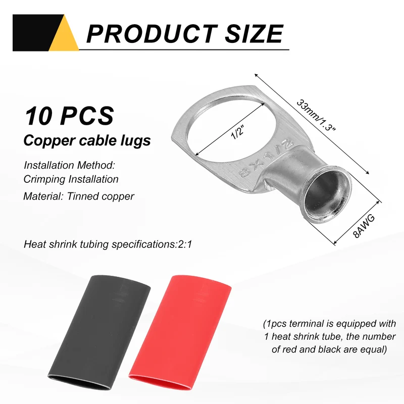 10 Pcs 1/2" Stud 8AWG Battery Lug Ring Terminal with 10pcs Heat Shrink, Silver