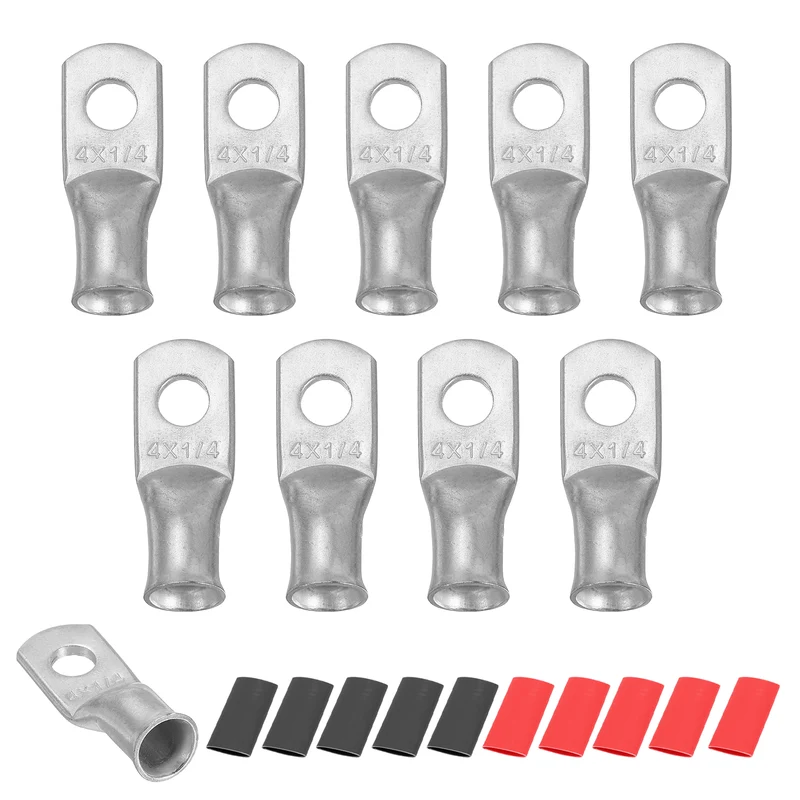 10 Pcs 1/4" Stud 4AWG Battery Lug Ring Terminal with 10pcs Heat Shrink, Silver