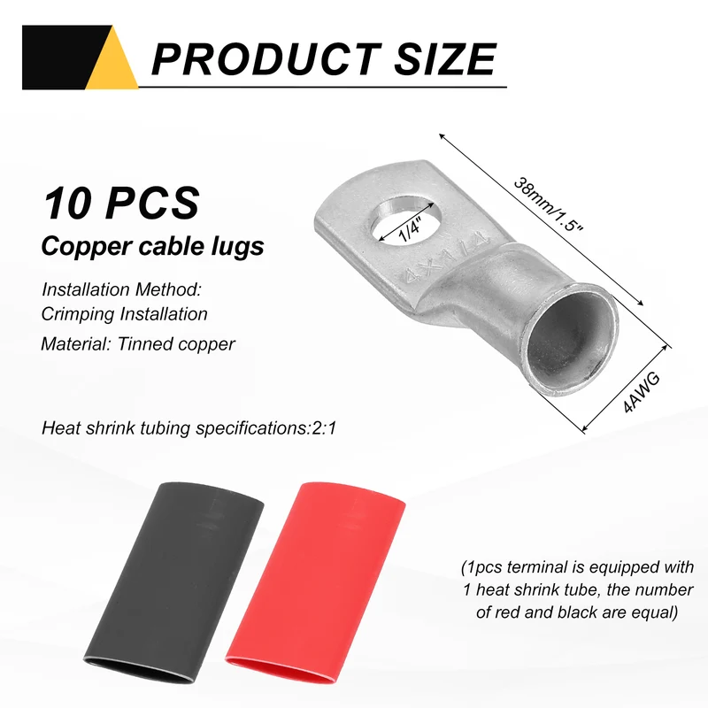 10 Pcs 1/4" Stud 4AWG Battery Lug Ring Terminal with 10pcs Heat Shrink, Silver