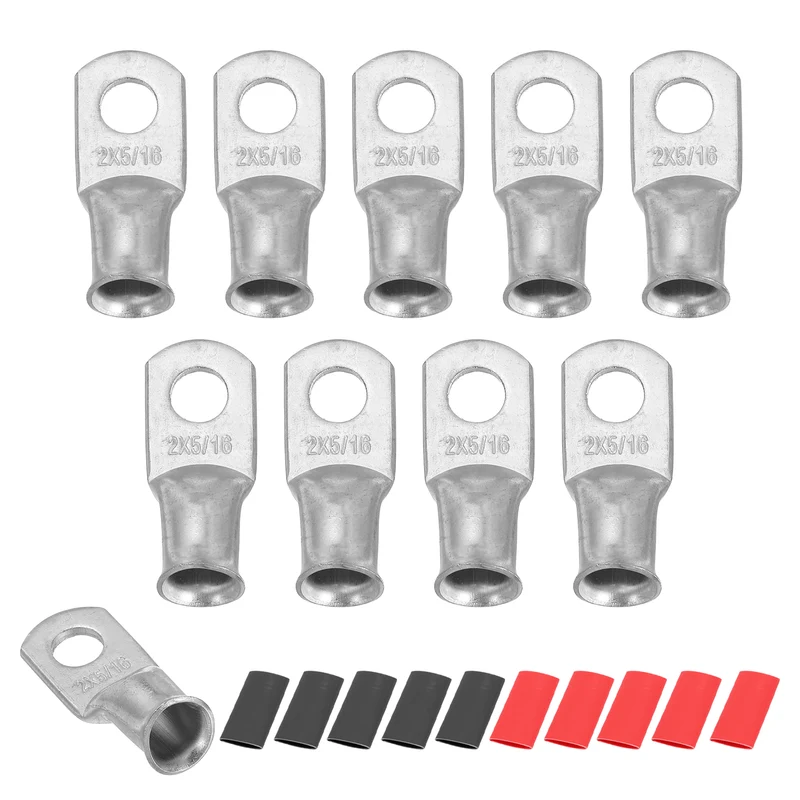 10 Pcs 5/16" Stud 2AWG Battery Lug Ring Terminal with 10pcs Heat Shrink, Silver