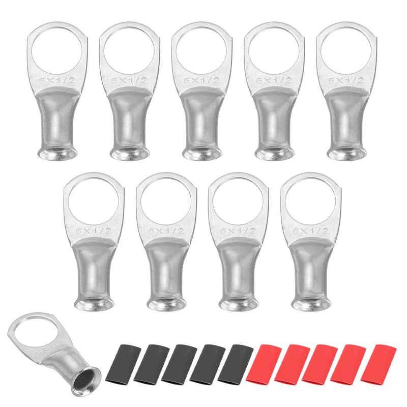 10 Pcs 1/2" Stud 6AWG Battery Lug Ring Terminal with 10pcs Heat Shrink, Silver