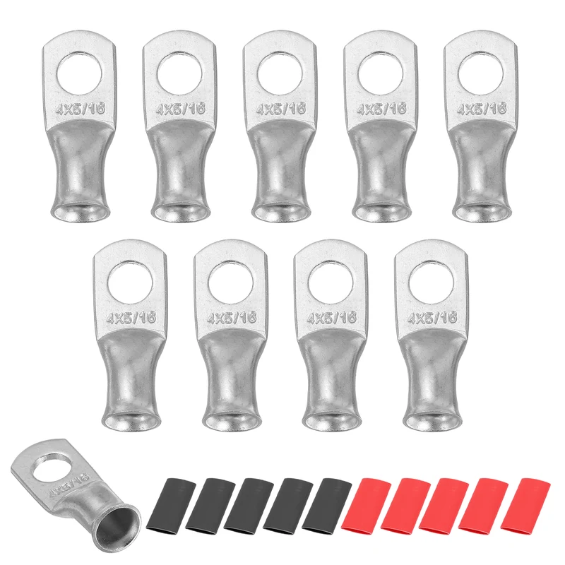 10 Pcs 5/16" Stud 4AWG Battery Lug Ring Terminal with 10pcs Heat Shrink, Silver
