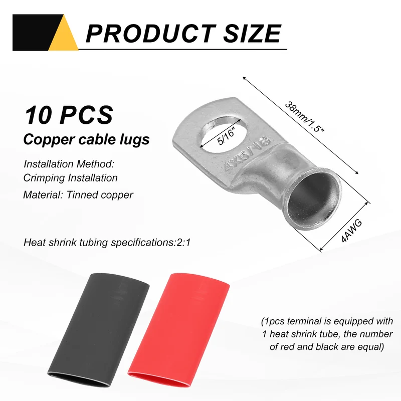 10 Pcs 5/16" Stud 4AWG Battery Lug Ring Terminal with 10pcs Heat Shrink, Silver