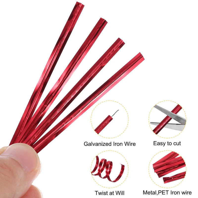 100 Yards Metallic Twist Ties for Bread Cake Candy Wedding Supplies, Red