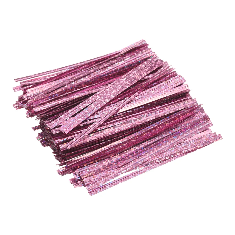 300 Pcs 4" Holographic Twist Ties for Bread Candy Treat Bag, Pink