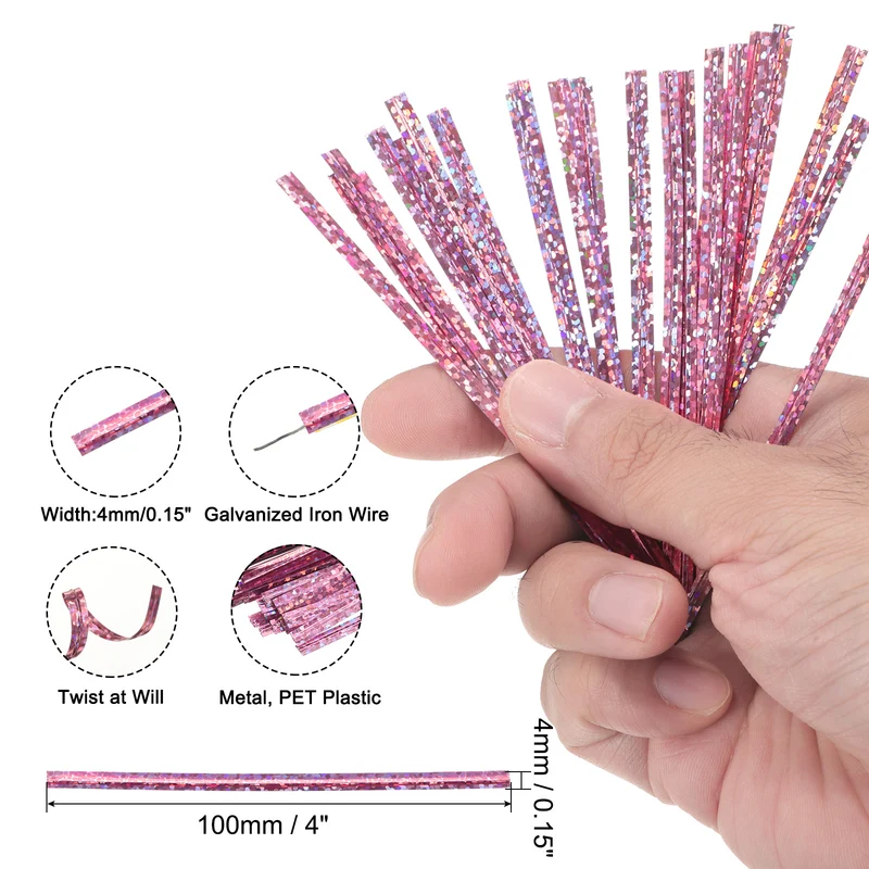 300 Pcs 4" Holographic Twist Ties for Bread Candy Treat Bag, Pink