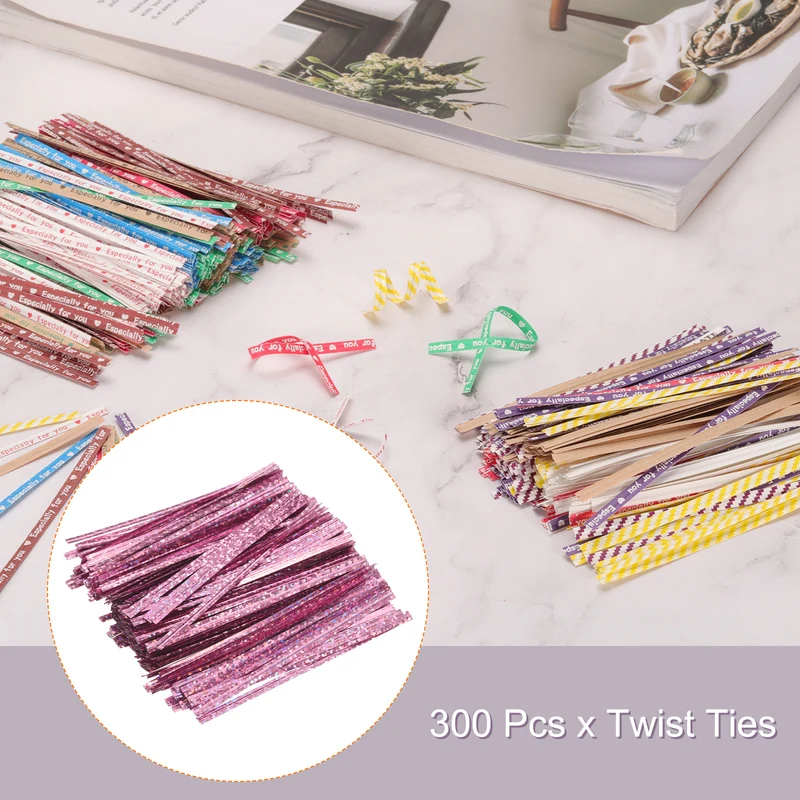 300 Pcs 4" Holographic Twist Ties for Bread Candy Treat Bag, Pink