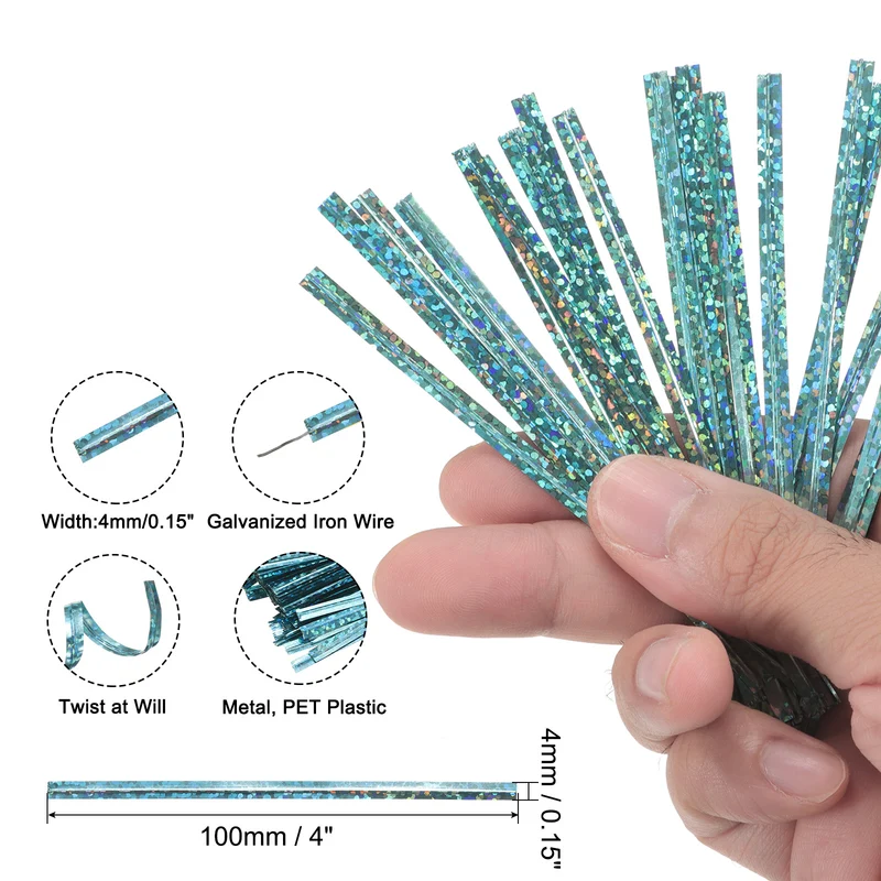 300 Pcs 4" Holographic Twist Ties for Bread Candy Treat Bag, Blue