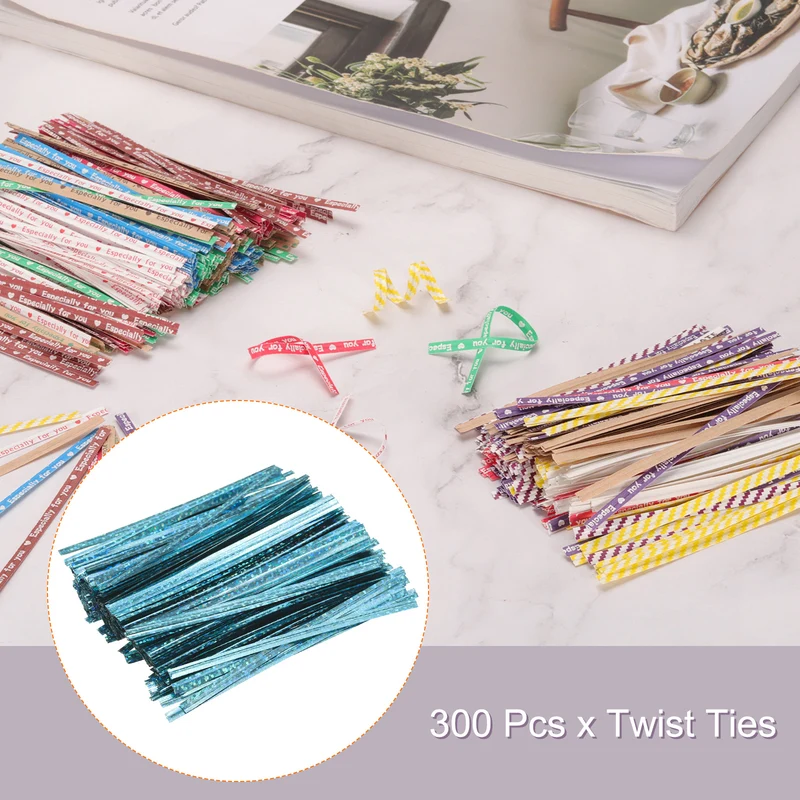 300 Pcs 4" Holographic Twist Ties for Bread Candy Treat Bag, Blue