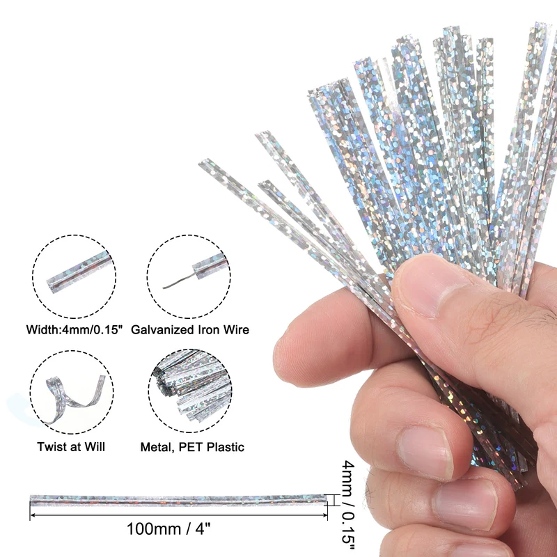 300 Pcs 4" Holographic Twist Ties for Bread Candy Treat Bag, Silver