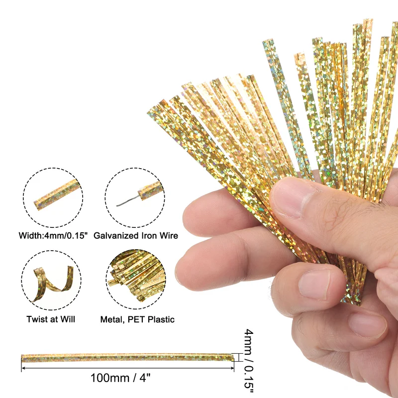 300 Pcs 4" Holographic Twist Ties for Bread Candy Treat Bag, Gold