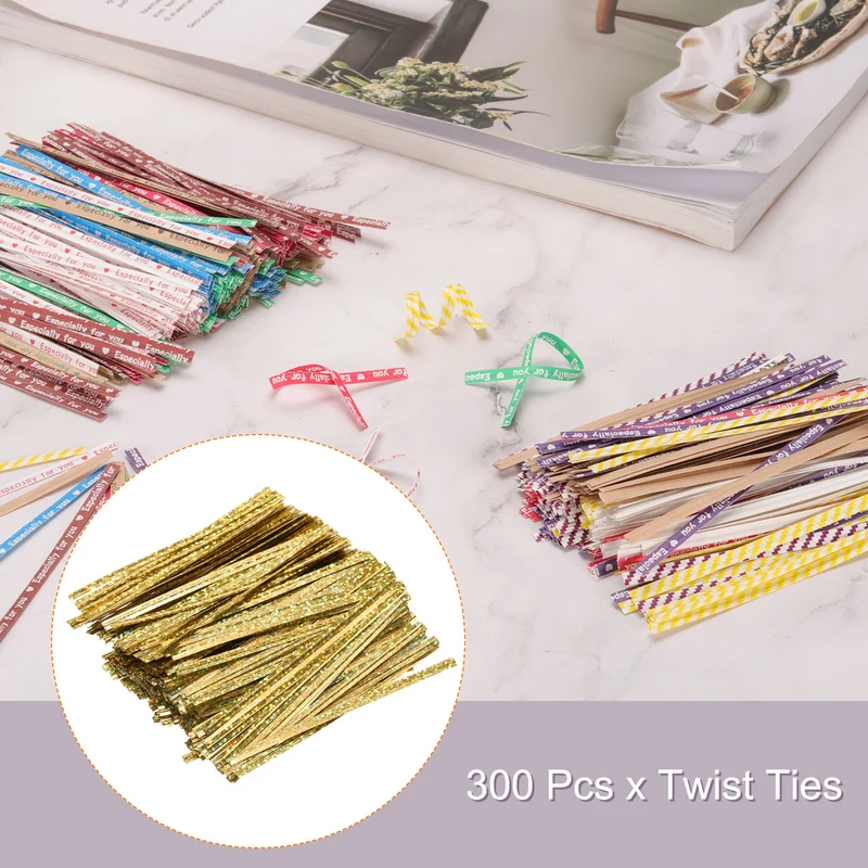 300 Pcs 4" Holographic Twist Ties for Bread Candy Treat Bag, Gold