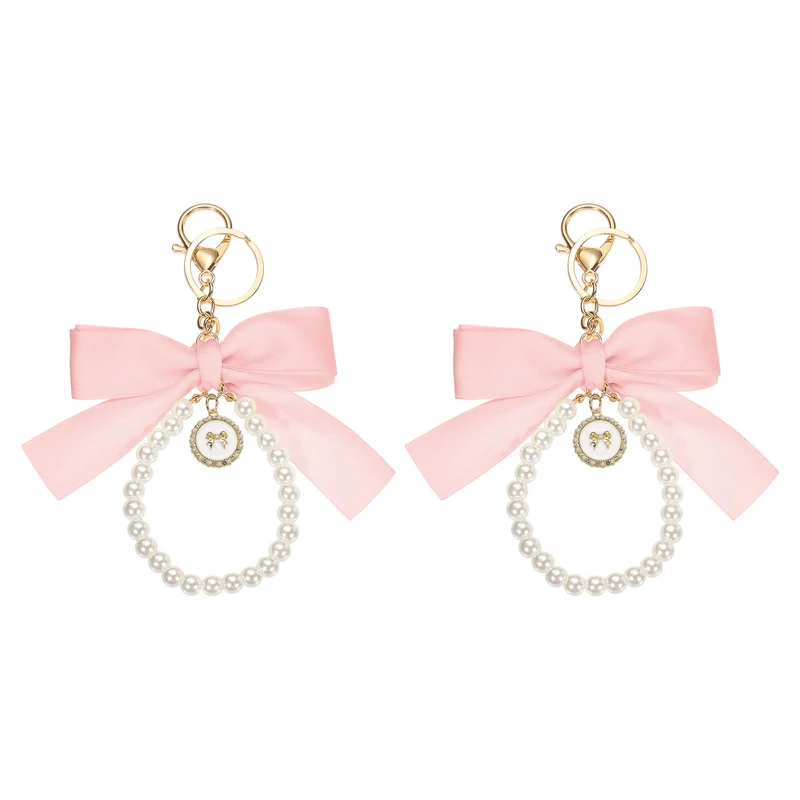 2Pcs Ribbon Bow Keychain, Cute Pearl Wristlet Keychain Bow Charm, Light Pink
