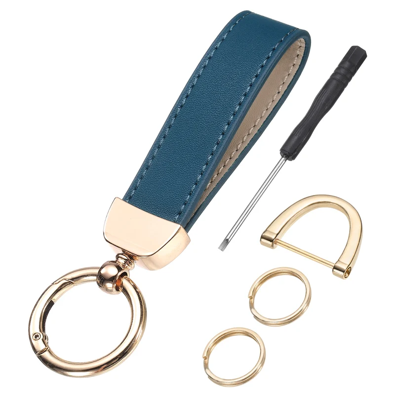 Leather Wristlet Keychain, 5" Car Key Chain with Key Ring and D Ring, Blue
