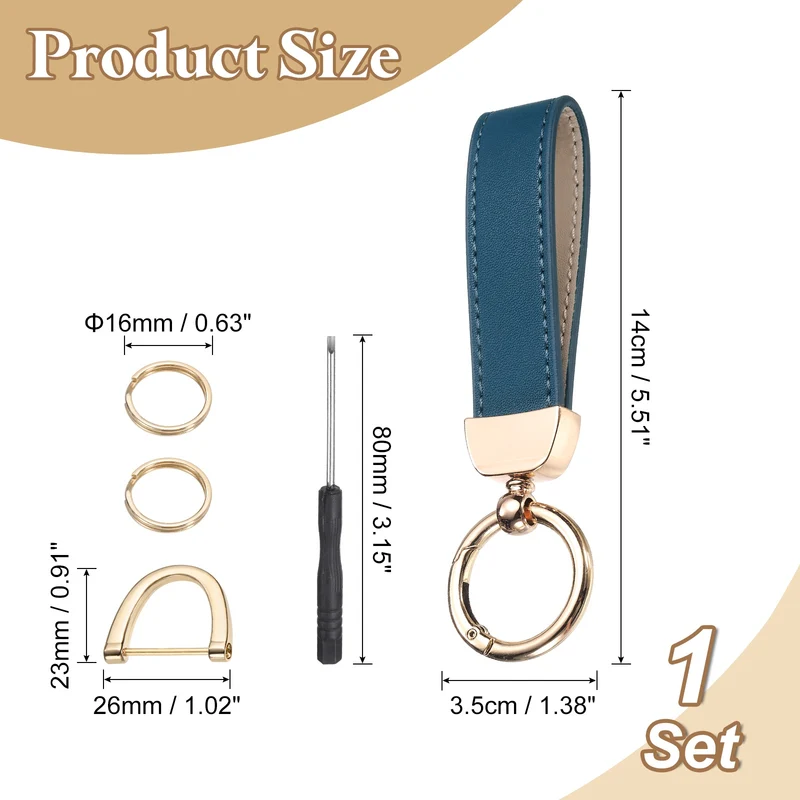 Leather Wristlet Keychain, 5" Car Key Chain with Key Ring and D Ring, Blue