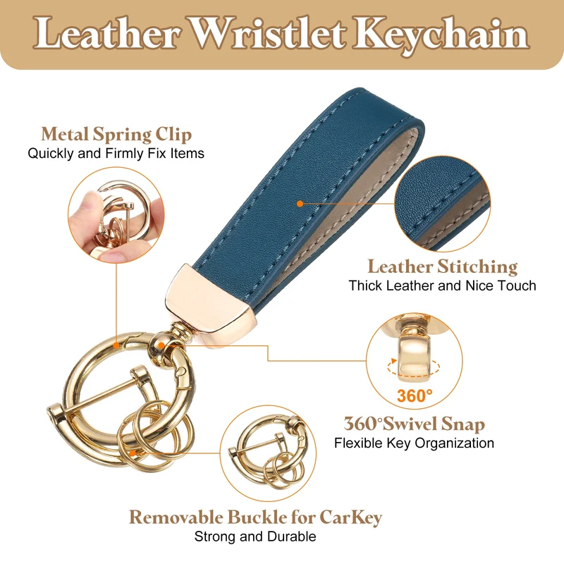 Leather Wristlet Keychain, 5" Car Key Chain with Key Ring and D Ring, Blue