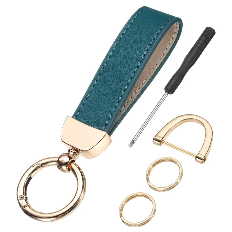 Leather Wristlet Keychain, 5" Car Key Chain with Key Ring and D Ring, Green