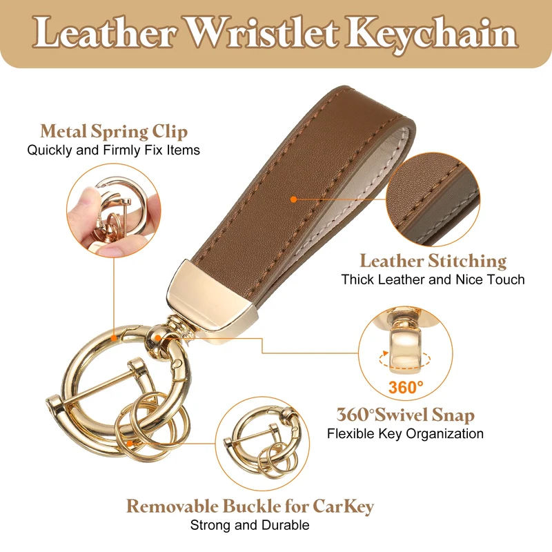 Leather Wristlet Keychain 5" Car Key Chain with Key Ring and D Ring Brown