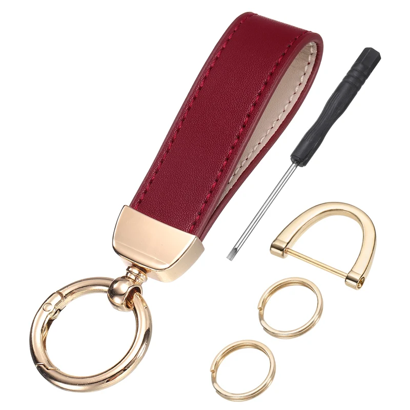 Leather Wristlet Keychain, 5" Car Key Chain with Key Ring and D Ring, Red