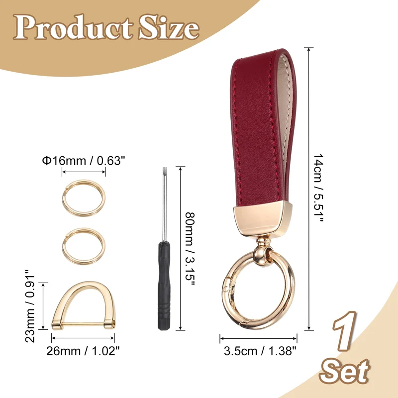 Leather Wristlet Keychain, 5" Car Key Chain with Key Ring and D Ring, Red