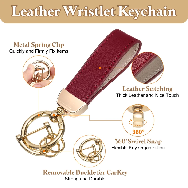 Leather Wristlet Keychain, 5" Car Key Chain with Key Ring and D Ring, Red