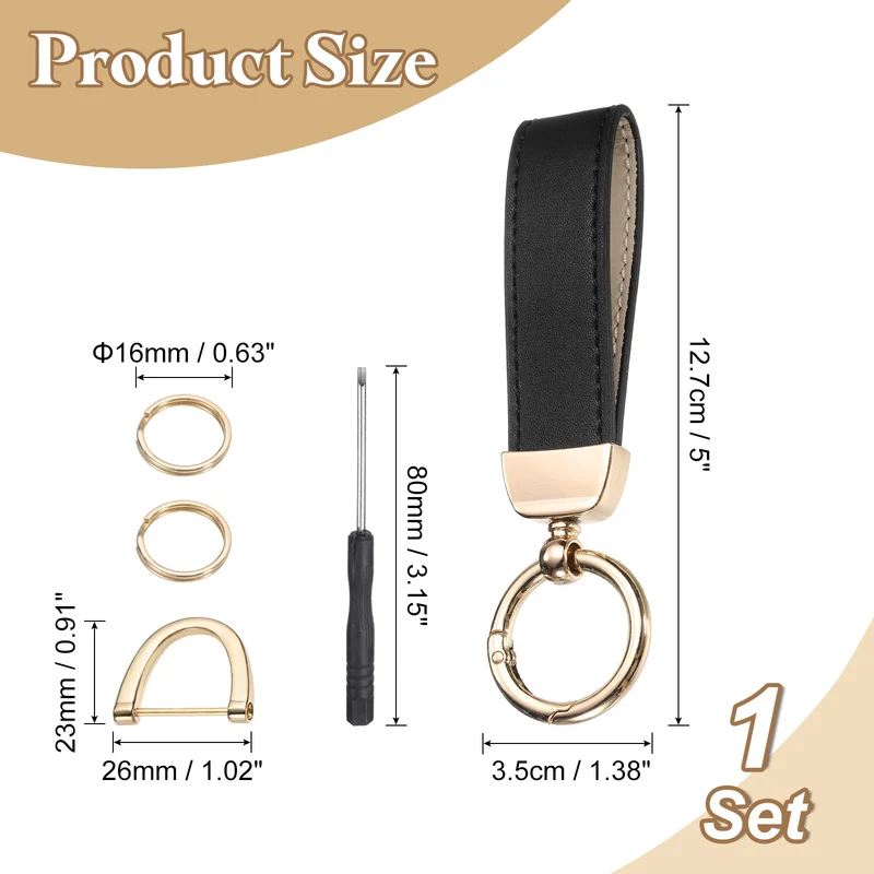 Leather Wristlet Keychain, 5" Car Key Chain with Key Ring and D Ring, Black