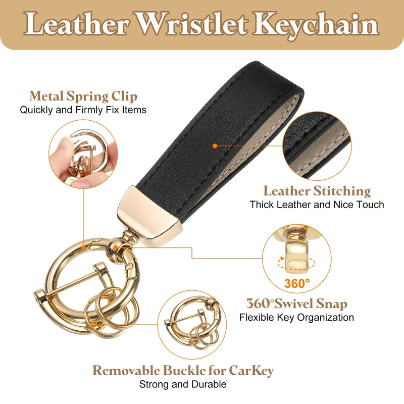 Leather Wristlet Keychain, 5" Car Key Chain with Key Ring and D Ring, Black