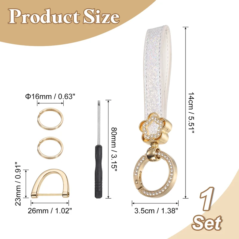 Leather Wristlet Keychain, 5.5" Car Key Chain with Key Ring and D Ring, White