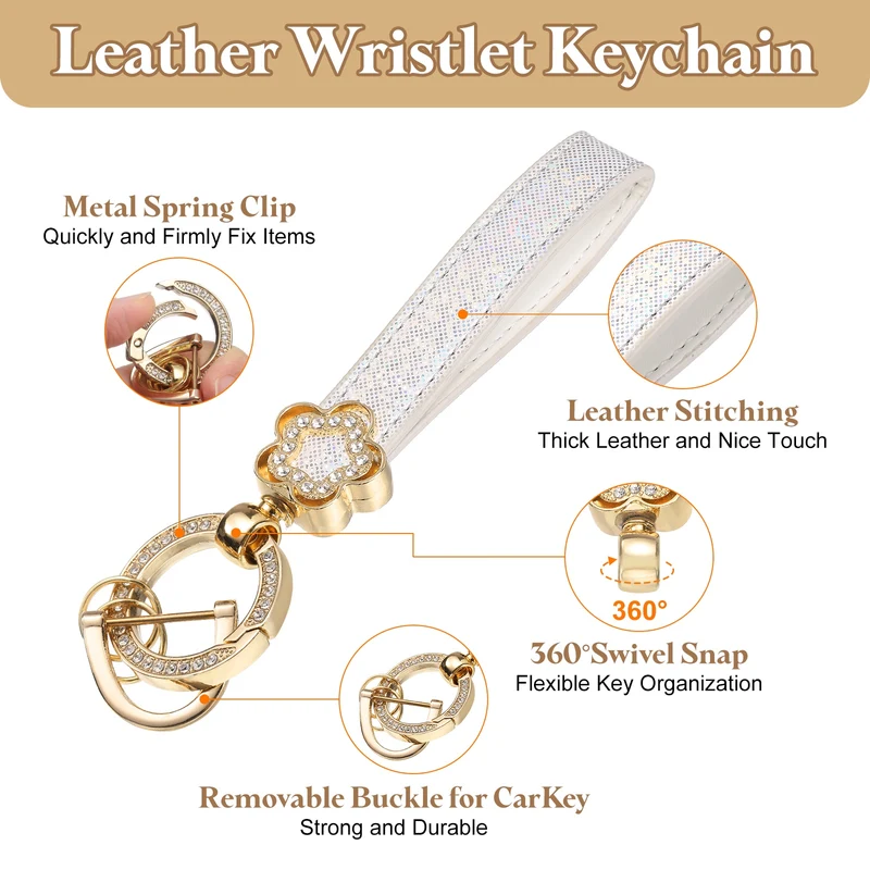 Leather Wristlet Keychain, 5.5" Car Key Chain with Key Ring and D Ring, White
